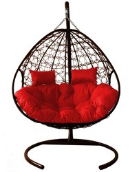 Подвесное кресло ДЛЯ ДВОИХ, цвет плетения &#8211; коричневый, подушка &#8211; красный, каркас &#8211; коричневый