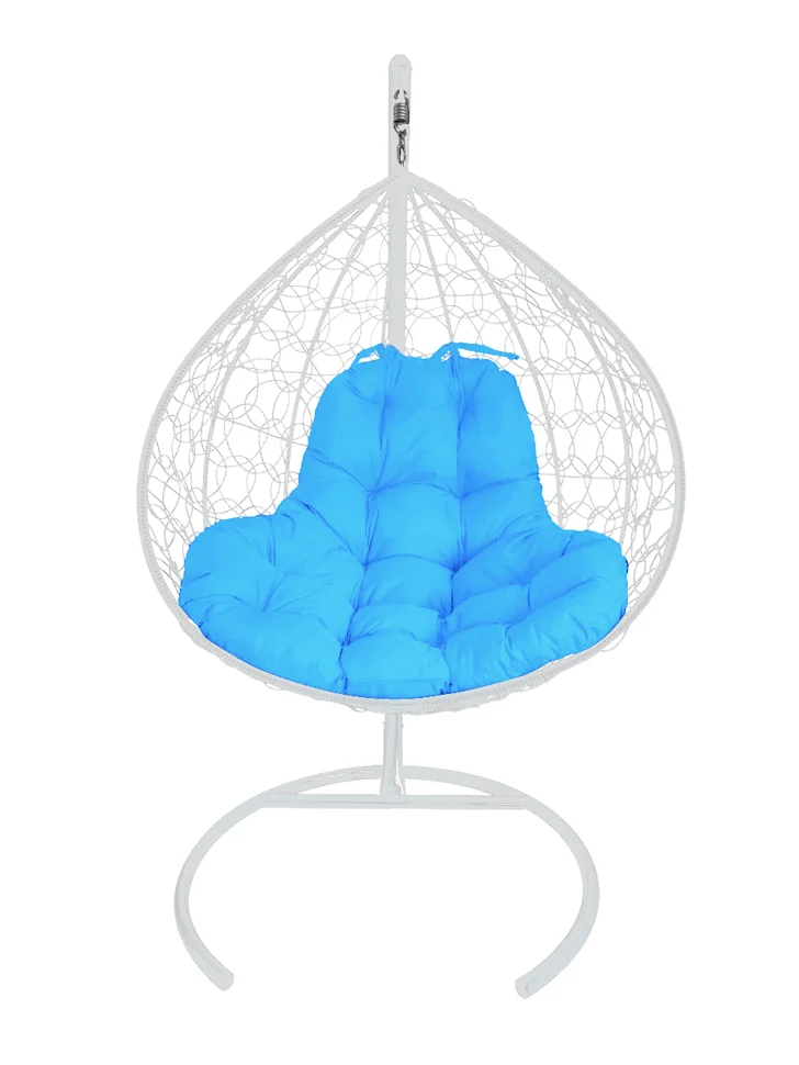 Подвесное кресло двухместное Double/XL, цвет плетения – белый, подушка – голубая, каркас – белый