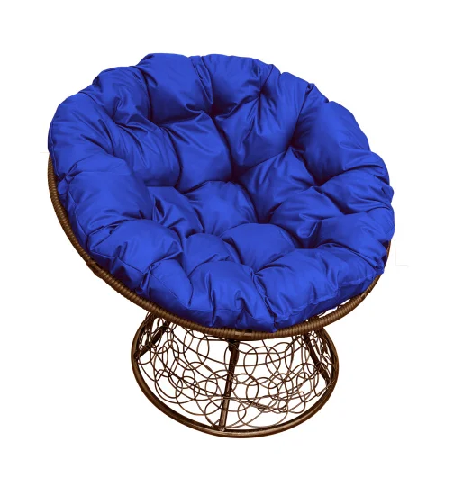 Кресло ПАПАСАН с ротангом, коричневое, синяя подушка