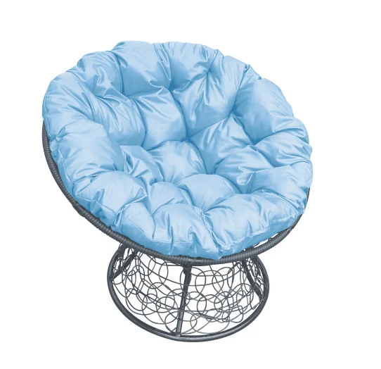 Кресло ПАПАСАН с ротангом, серое, голубая подушка