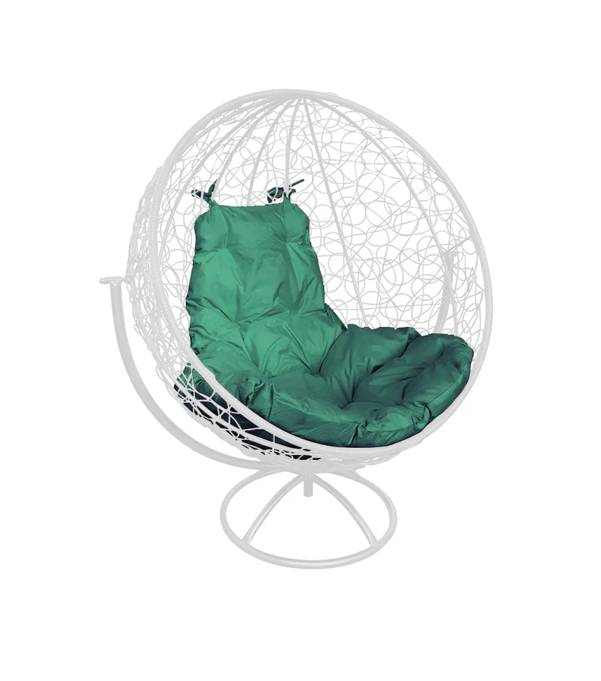 Кресло вращающиеся КРУГ с ротангом белое, зеленая подушка