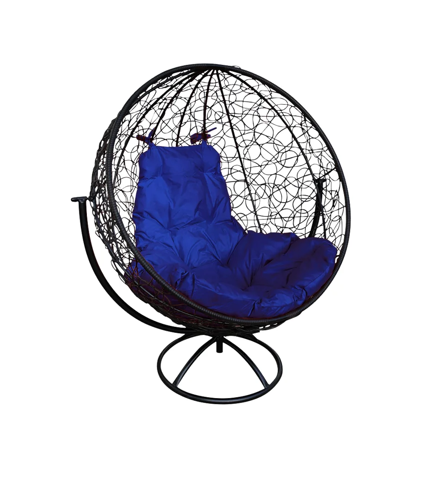 Кресло вращающиеся КРУГ с ротангом чёрное, синяя подушка