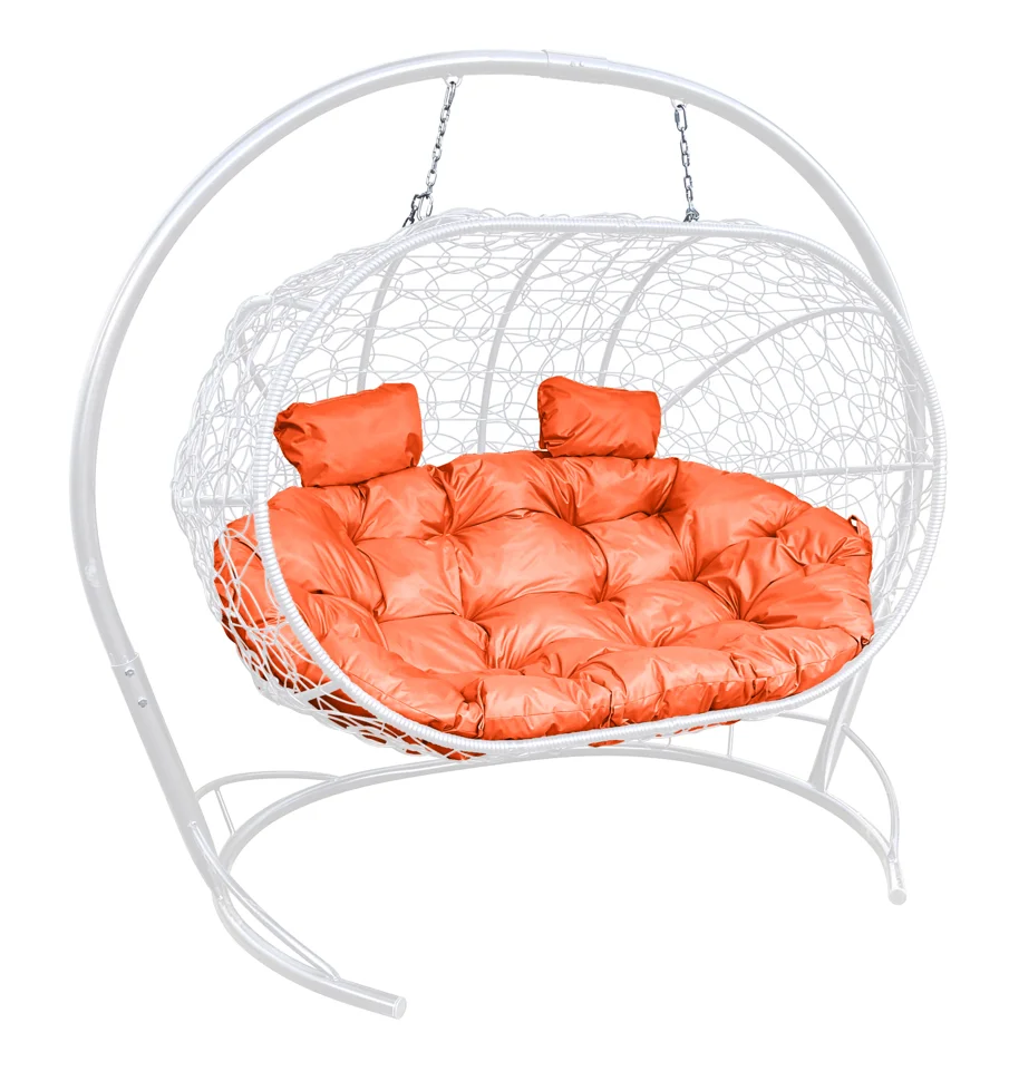 Подвесной диван ЛЕЖЕБОКА с ротангом белый, подушка оранжевая