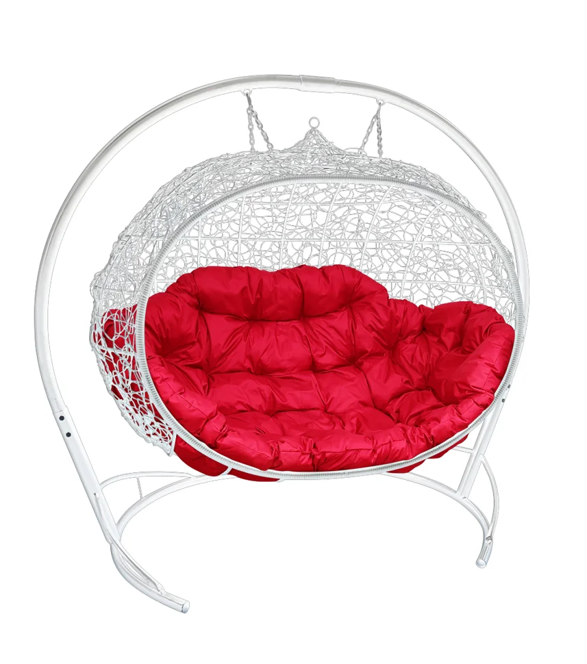 Подвесной диван УЛЕЙ с ротангом белый, подушка красная