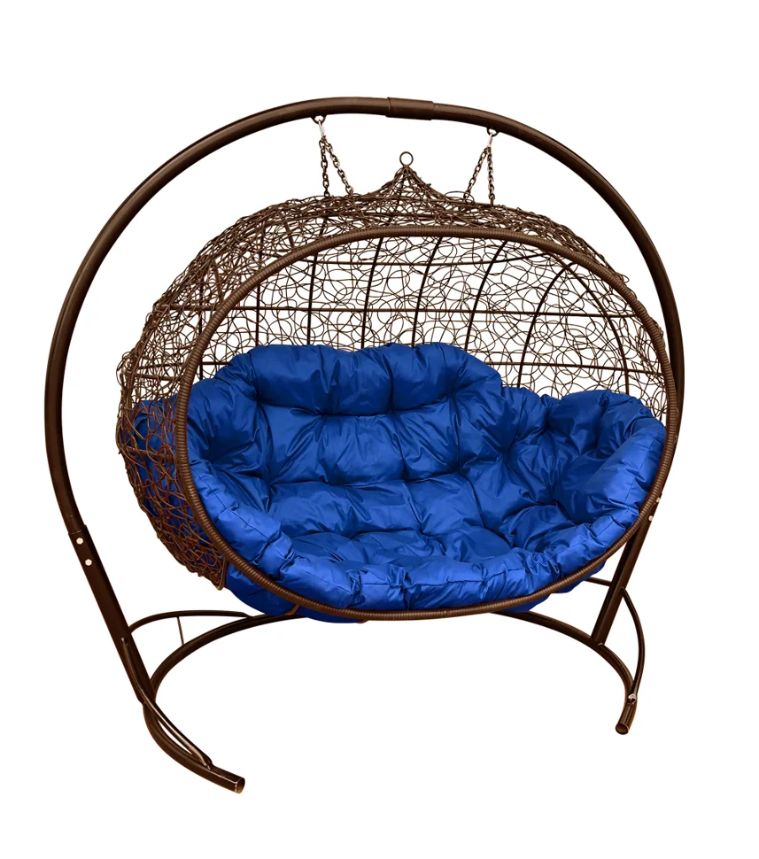 Подвесной диван УЛЕЙ с ротангом коричневый, подушка синяя
