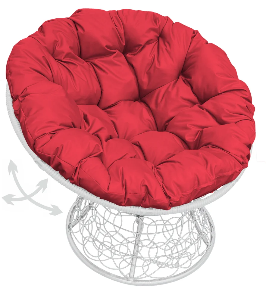 Кресло ПАПАСАН пружинка с ротангом белое, подушка красная