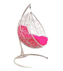 Подвесное кресло "Капля", цвет плетения &#8211; белый, подушка &#8211; розовая, каркас &#8211; белый