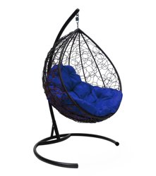 Подвесное кресло "Капля", цвет плетения &#8211; черный, подушка &#8211; синяя, каркас &#8211; черный