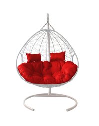 Подвесное кресло ДЛЯ ДВОИХ, цвет плетения &#8211; белый, подушка &#8211; красная, каркас &#8211; белый