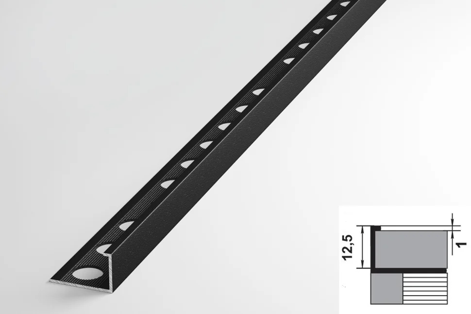 Профиль для плитки алюминиевый ПК 01-12 окантовочный (12,5 мм) 2700 мм Цвет: Черный