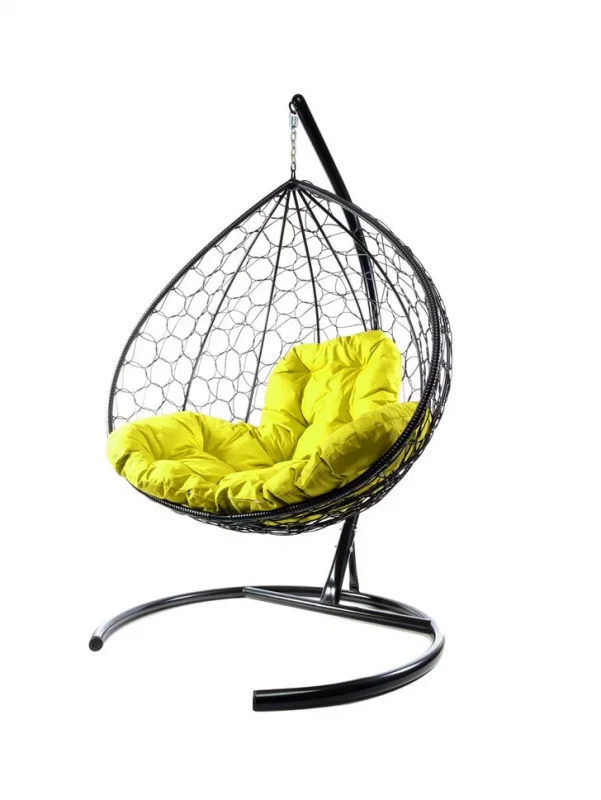 Подвесное кресло двухместное Double/XL, цвет плетения – черный, подушка – желтый каркас – черный