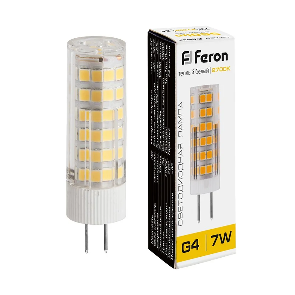 Лампа светодиодная 7W 230V G4 2700K JCD (желтый) Feron, LB-422