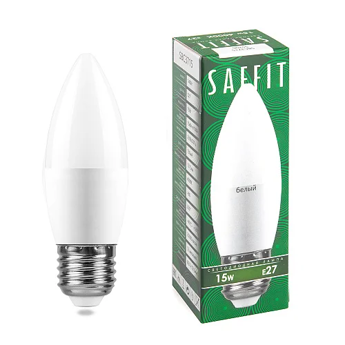 Лампа светодиодная 15W E27 230V 4000K (белый) свеча (C37) SAFFIT, SBC3715