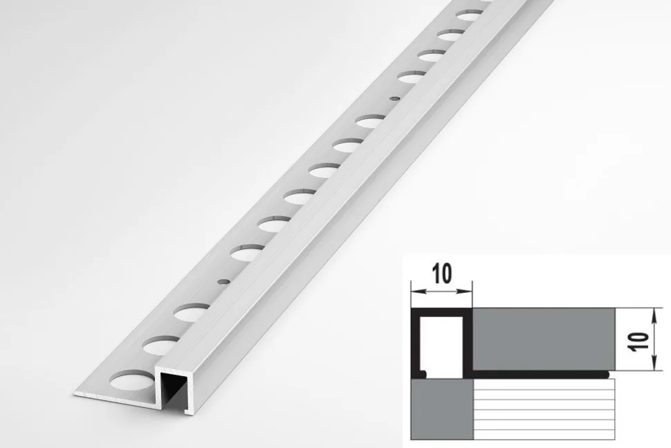 Профиль для плитки алюминиевый ПК 11-10 окантовочный (10 мм) 2700 мм Цвет: Алюминий без покрытия