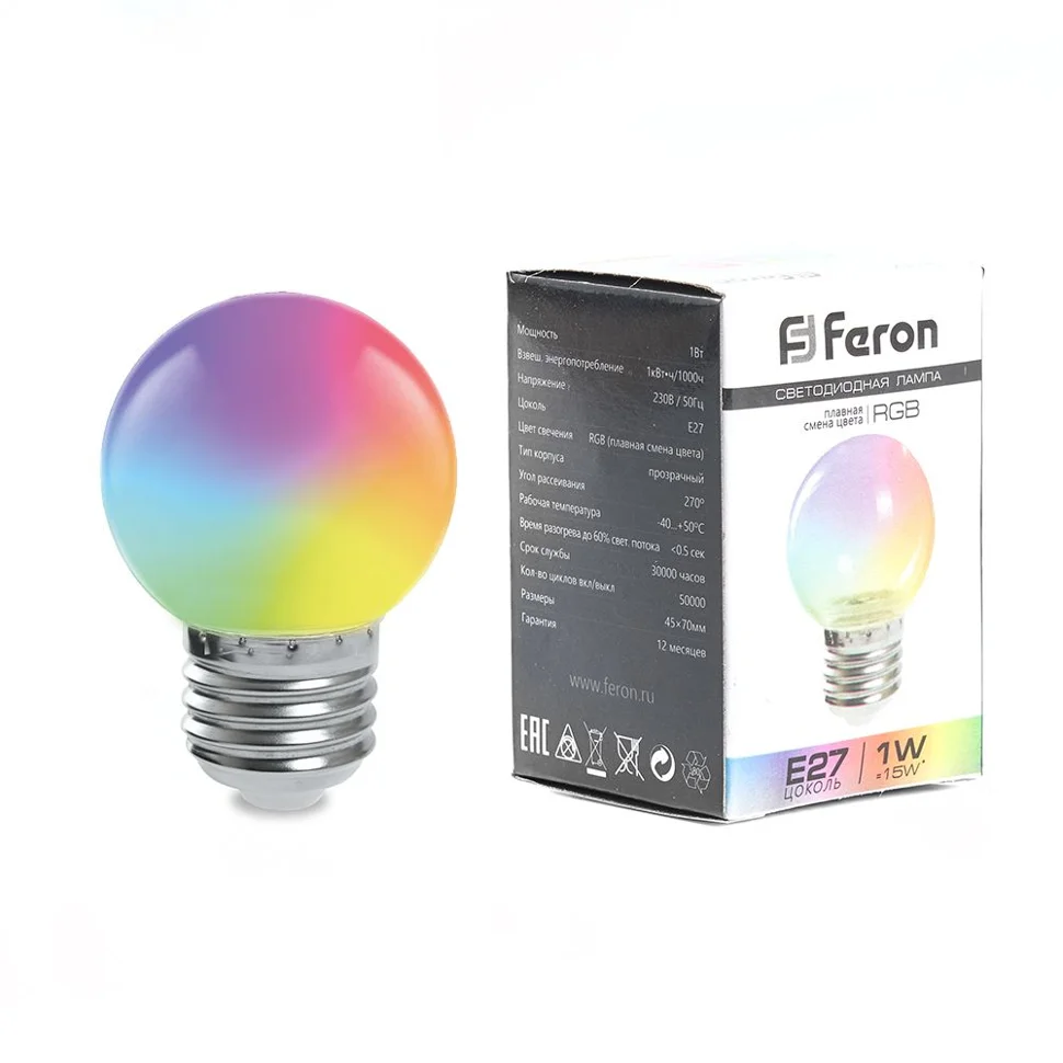 Лампа светодиодная 1W E27 230V RGB (быстрая смена цвета) шарик матовый (G45) Feron, LB-37
