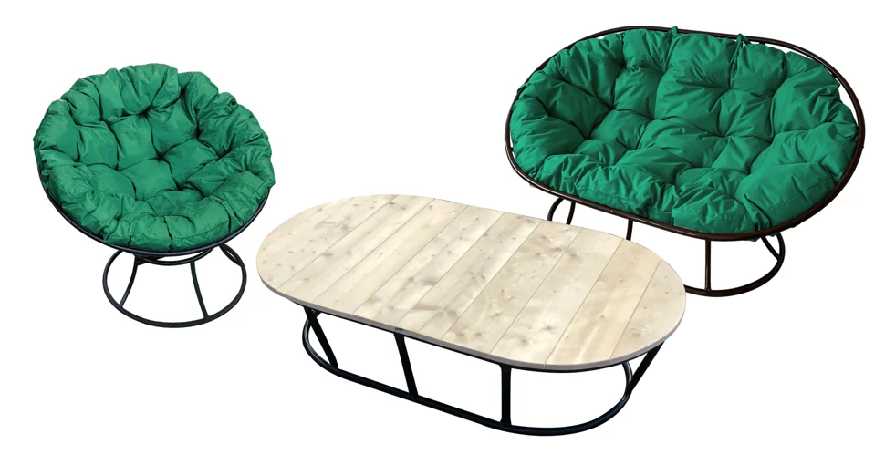 Комплект МАМАСАН, ПАПАСАН и стол без ротанга чёрное, зелёная подушка
