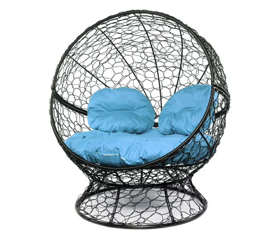 Кресло АПЕЛЬСИН с ротангом чёрное, голубая подушка