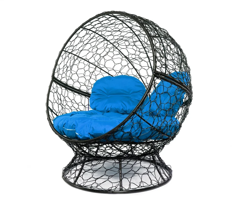 Кресло АПЕЛЬСИН с ротангом чёрное, синяя подушка