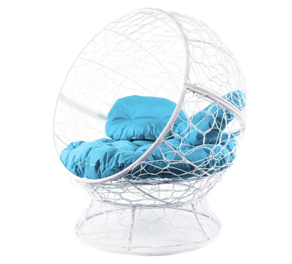 Кресло АПЕЛЬСИН с ротангом белое, голубая подушка