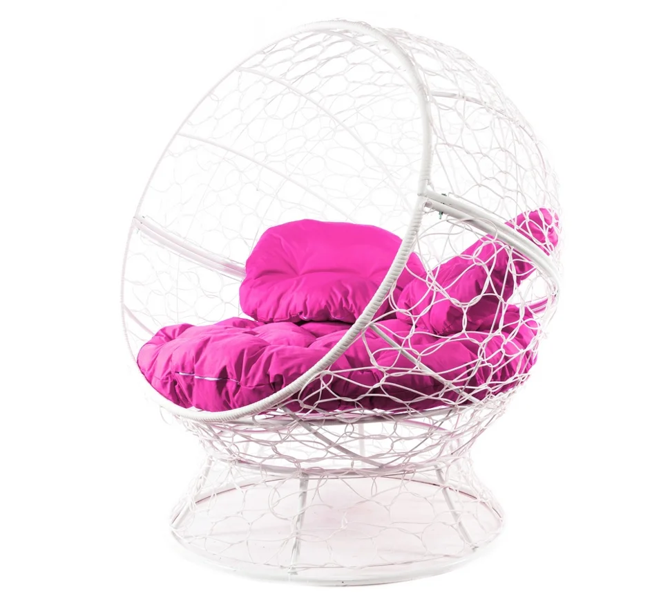 Кресло АПЕЛЬСИН с ротангом белое, розовая подушка