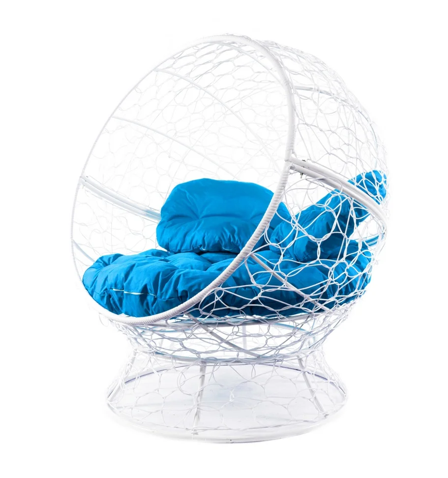 Кресло АПЕЛЬСИН с ротангом белое, синяя подушка