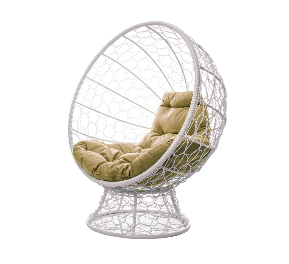 Кресло КОКОС на подставке с ротангом белое, бежевая подушка