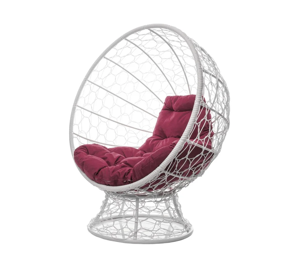 Кресло КОКОС на подставке с ротангом белое, бордовая подушка