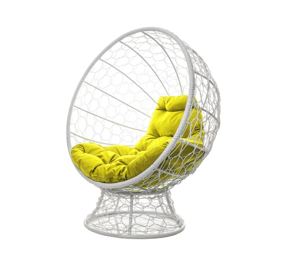 Кресло КОКОС на подставке с ротангом белое, жёлтая подушка
