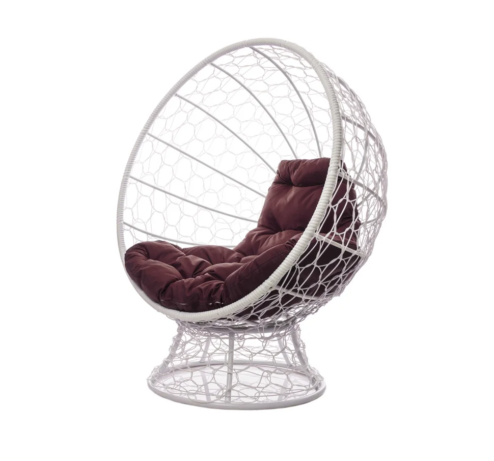 Кресло КОКОС на подставке с ротангом белое, коричневая подушка