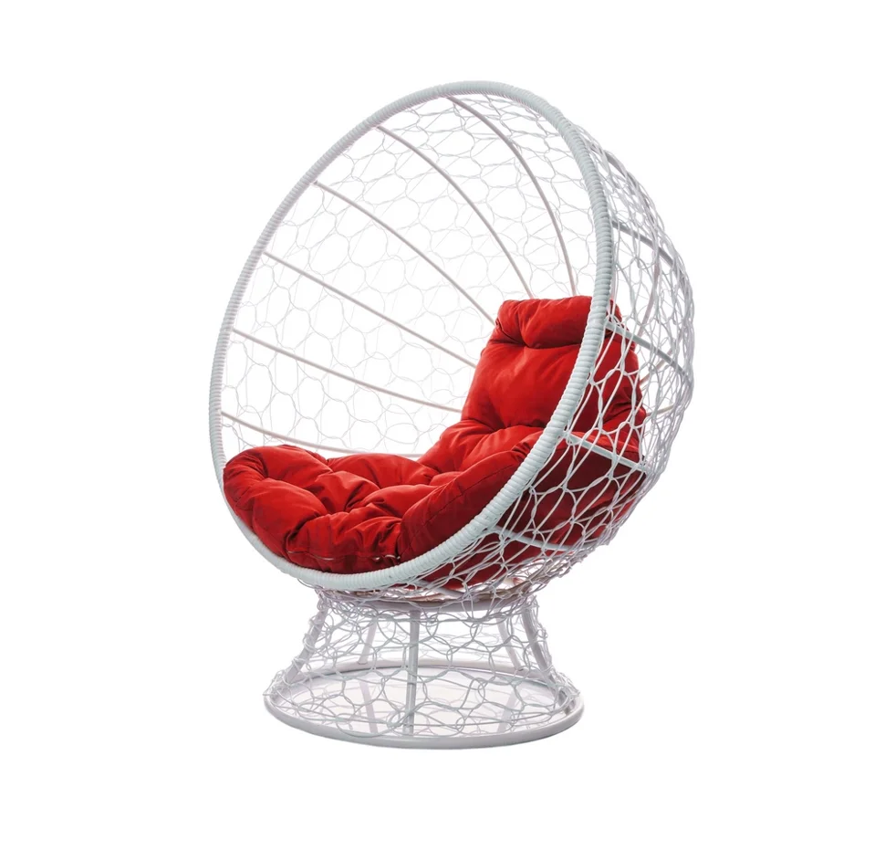 Кресло КОКОС на подставке с ротангом белое, красная подушка