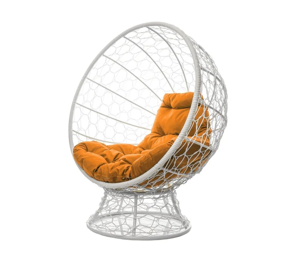 Кресло КОКОС на подставке с ротангом белое, оранжевая подушка