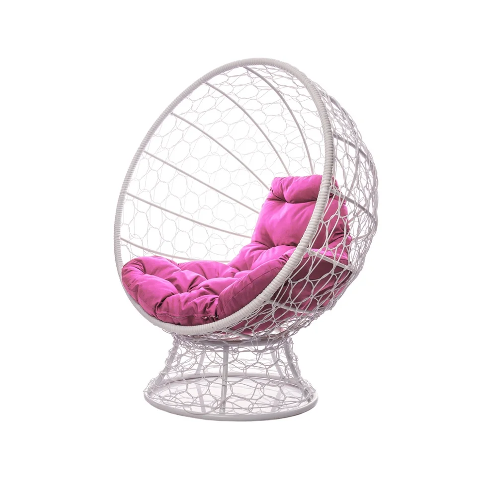 Кресло КОКОС на подставке с ротангом белое, розовая подушка