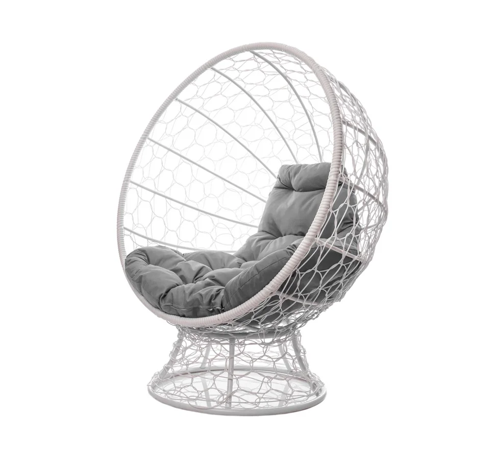 Кресло КОКОС на подставке с ротангом белое, серая подушка