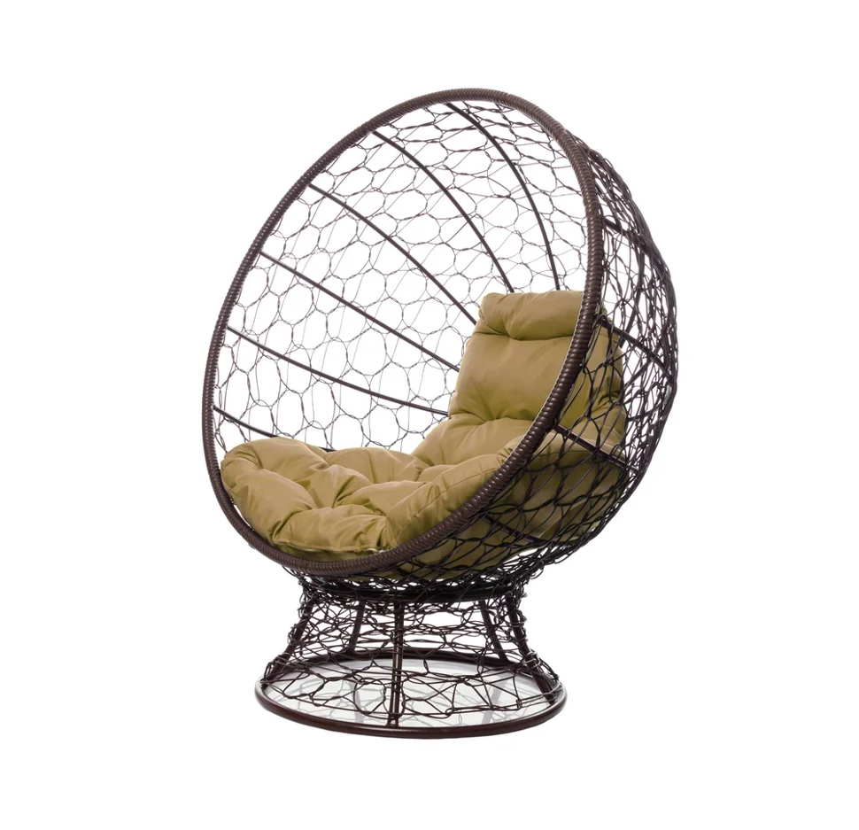 Кресло КОКОС на подставке с ротангом коричневое, бежевая подушка