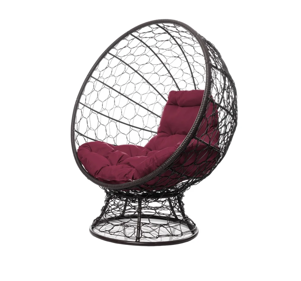 Кресло КОКОС на подставке с ротангом коричневое, бордовая подушка