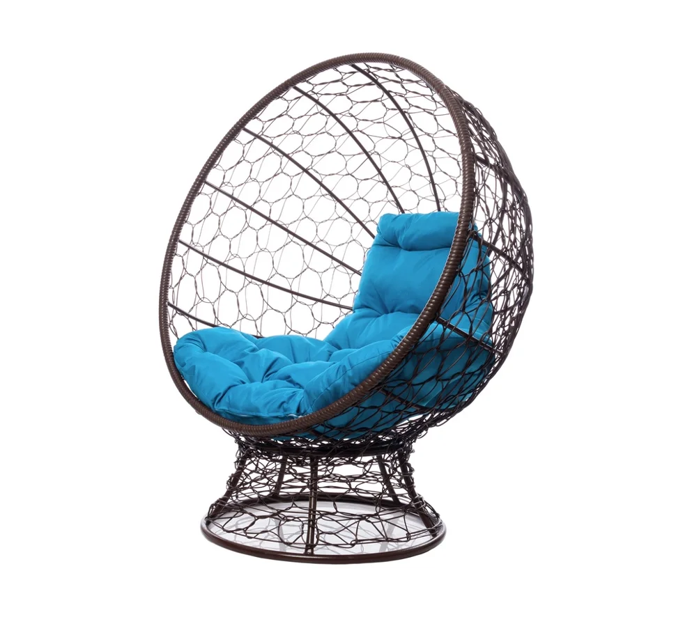 Кресло КОКОС на подставке с ротангом коричневое, голубая подушка