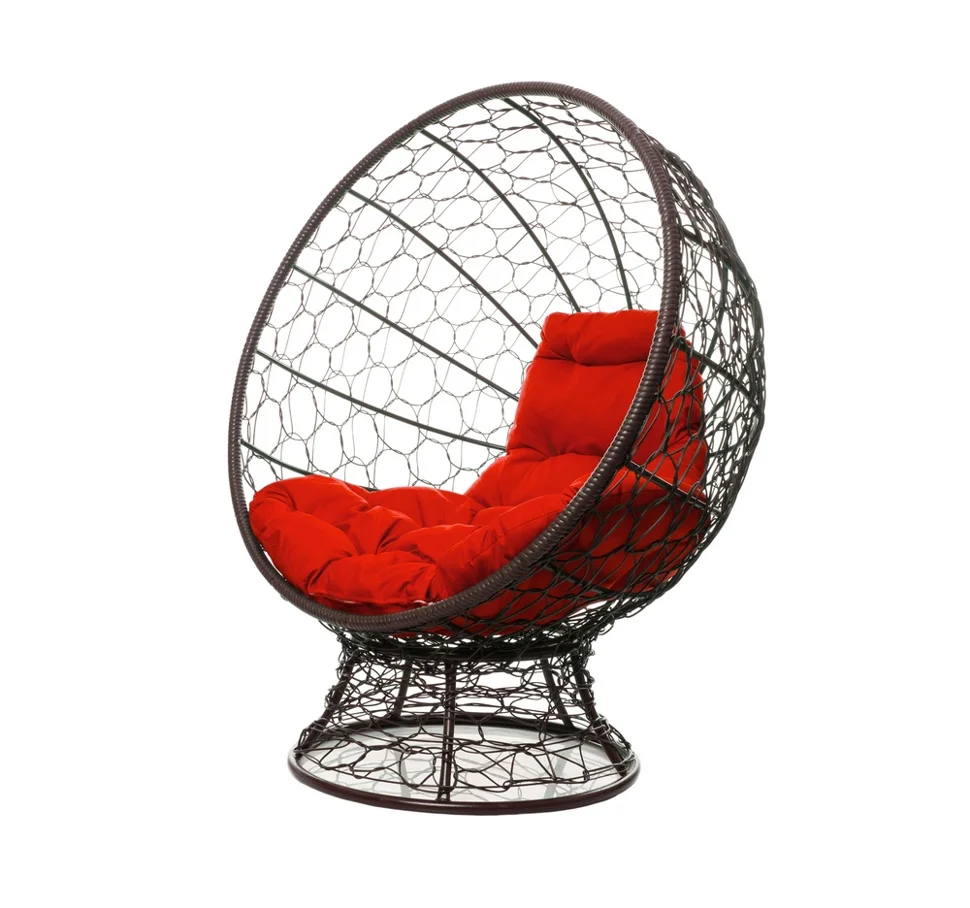Кресло КОКОС на подставке с ротангом коричневое, красная подушка