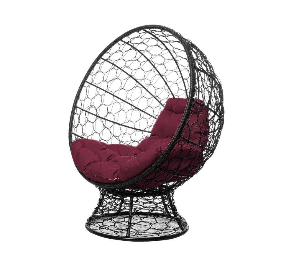 Кресло КОКОС на подставке с ротангом чёрное, бордовая подушка
