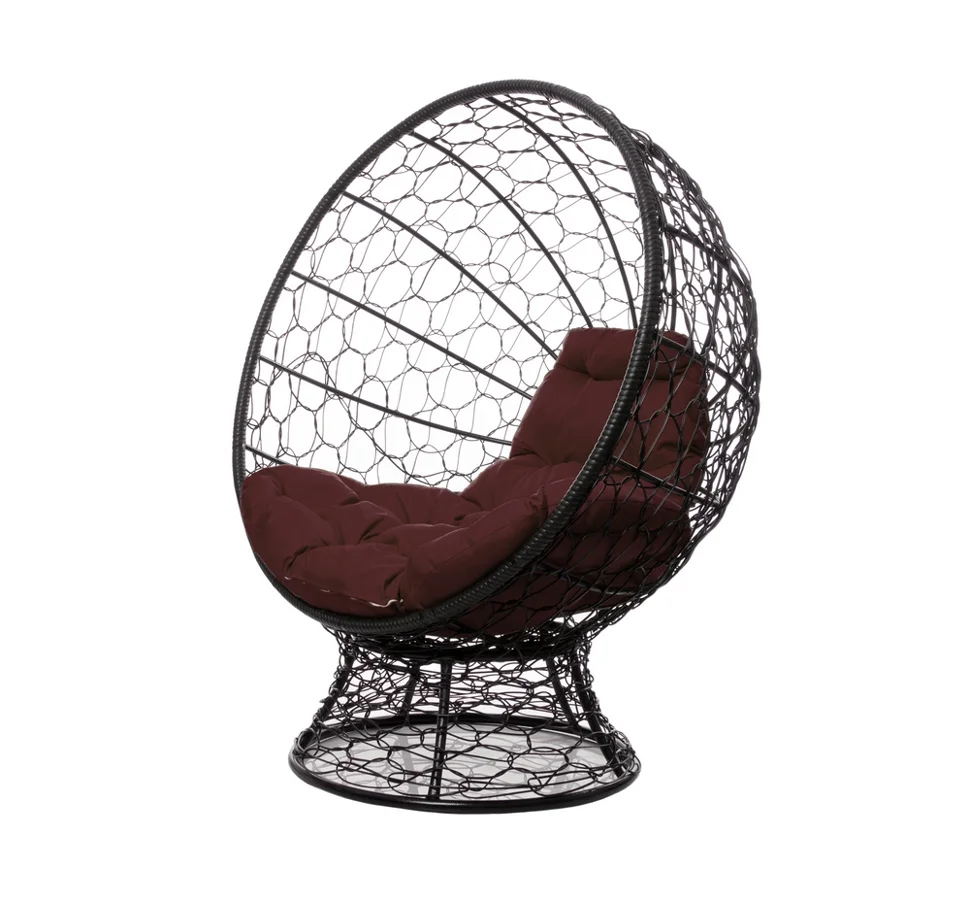 Кресло КОКОС на подставке с ротангом чёрное, коричневая подушка