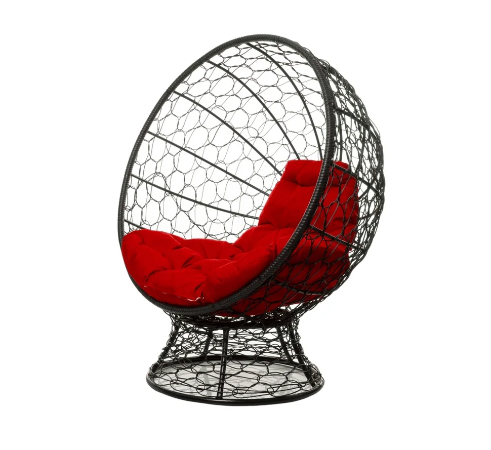 Кресло КОКОС на подставке с ротангом чёрное, красная подушка