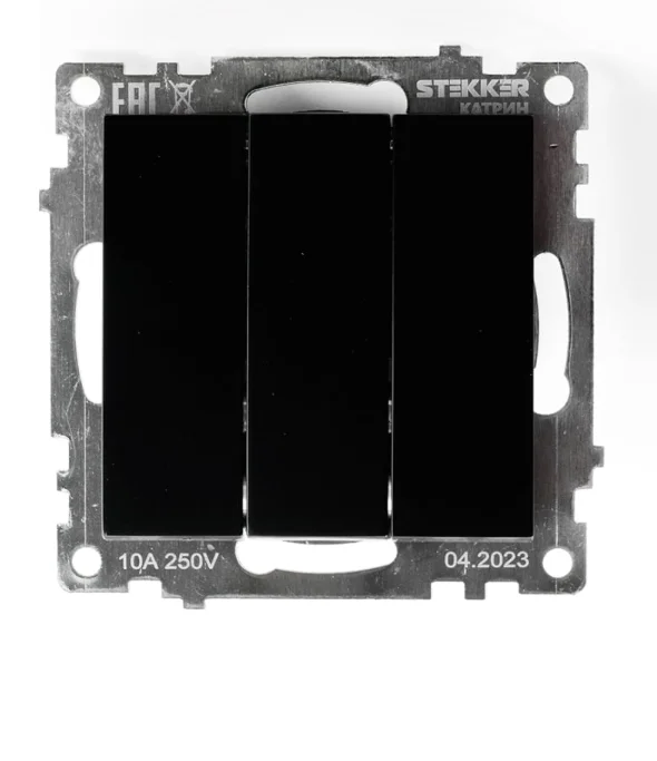 Выключатель трехклавишный СП 220V, 10А, (механизм), черный (GLS10-7108-05) Катрин STEKKER