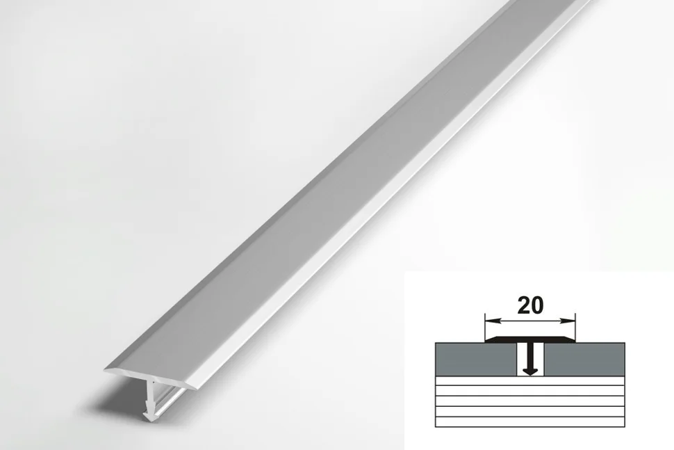 Профиль для плитки алюминиевый Т-образный стыкоперекрывающий ширина 20мм длина 2,7 м Цвет: Серебро (порог)