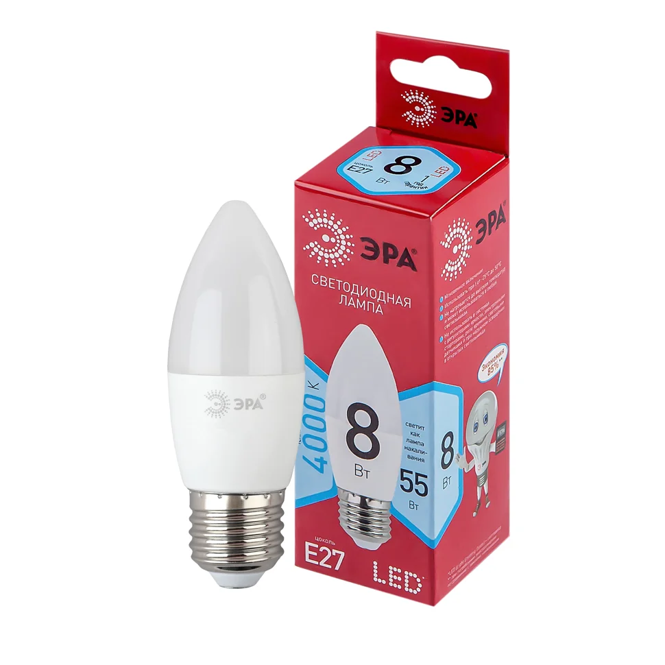 Лампа светодиодная 8W E27 170-265V 4000K (нейтральный белый свет) свеча (B35) ЭРА RED LINE LED B35-8W-840-E27 R