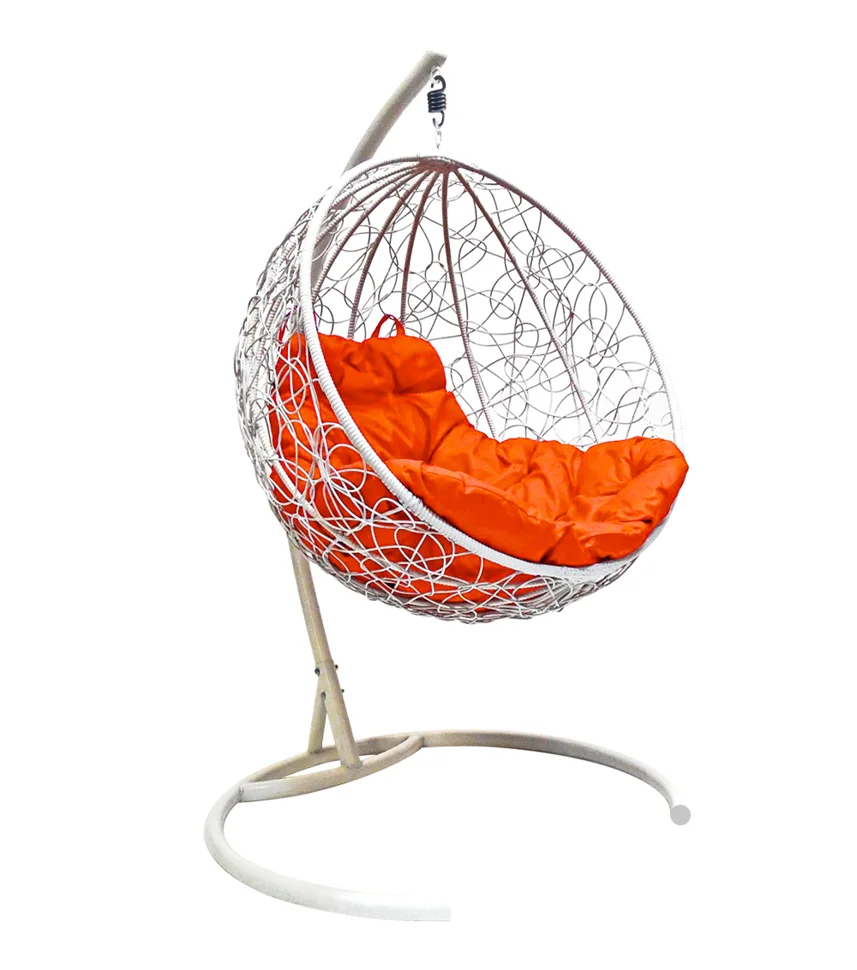 Подвесное кресло &quot;Круглое&quot;, цвет плетения – белый, подушка – оранжевая, каркас – белый