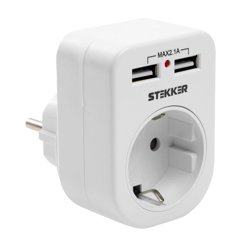 Переходник с заземлением (+ 2 USB 2,1А), 250В, 16A, белый ADP16-24-20, STEKKER