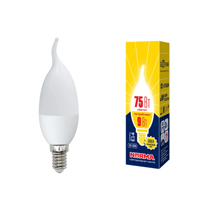 Лампа светодиодная 9W E14 220V 3000К 750Лм (теплый белый) Свеча на ветру матовый (CW37) Volpe Norma