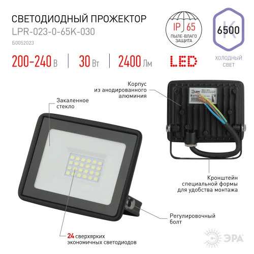 Прожектор светодиодный 30Вт 6500К 200-240V IP65 2400Лм 103х99х23,5мм черный Китай ЭРА ,LPR-023-0-65K-030