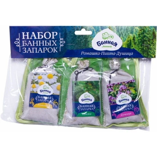 Набор запарок для бани (ромашка, пихта, душица), в сумке 3шт/30гр., БАННАЯ ЛИНИЯ