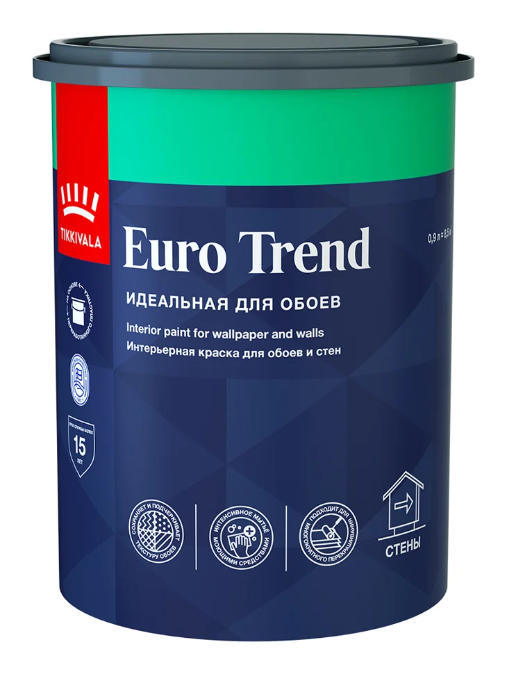 Краска ВД интерьерная для обоев и стен матовая Tikkivala (Tikkurila) EURO TREND База А 0,9л