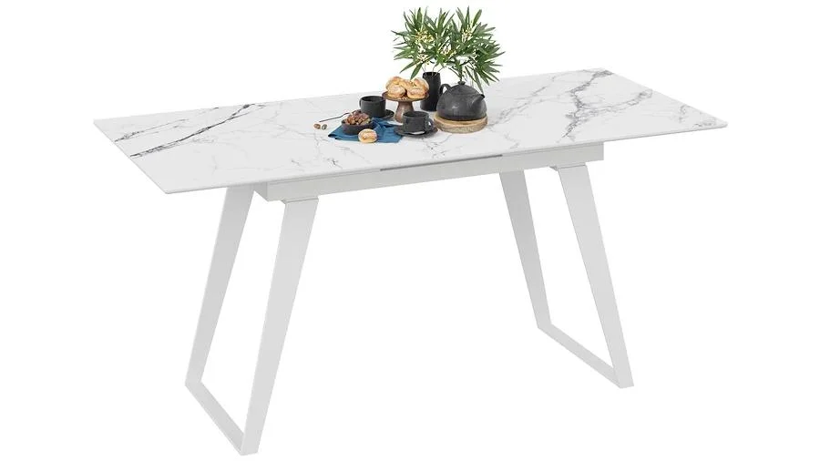 Стол обеденный Техно раздвижной 1400*(1800)*770*800 Белый муар, Стекло глянцевое белый мрамор